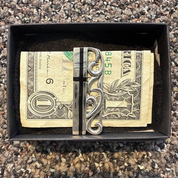 Sterling Silver And Black Enamel Tribal Celtic Money Clip 925 Handmade - Picture 2 of 5